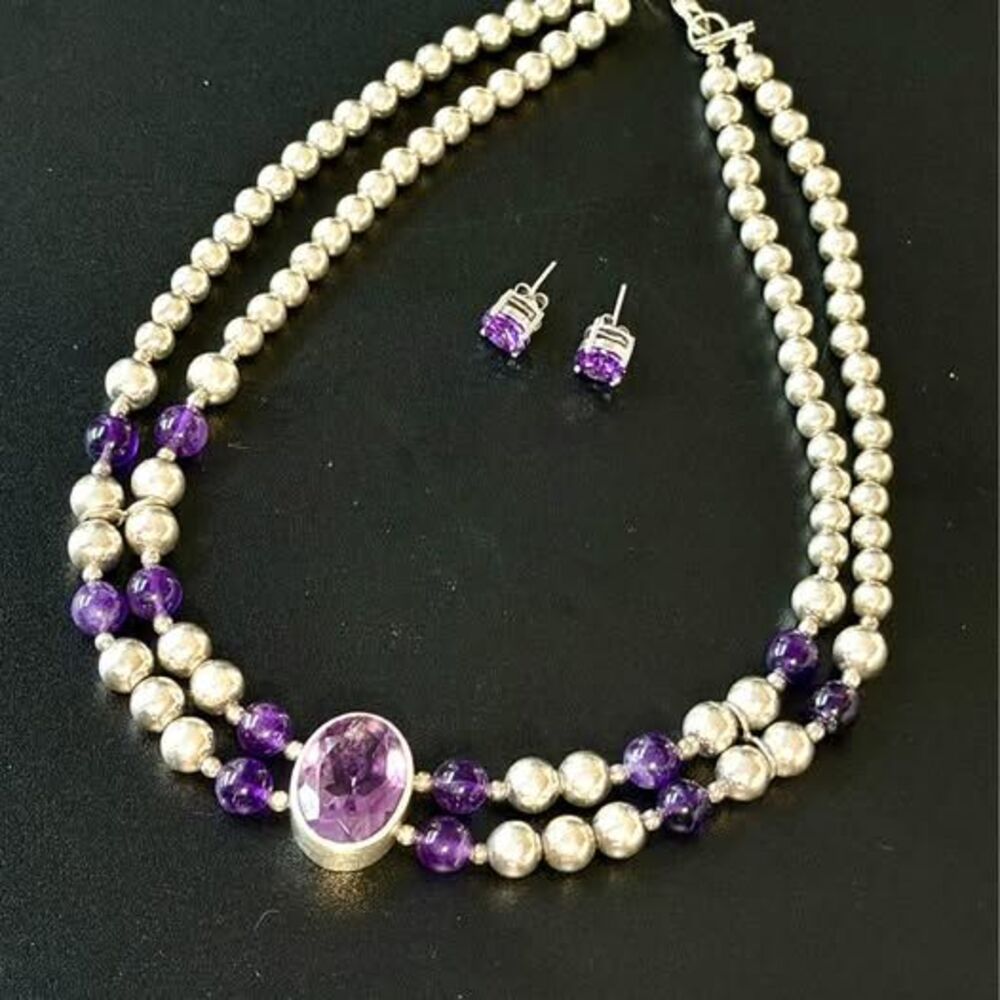 Rare Sterling Silver & Amethyst Double-Strand Necklace + Earrings